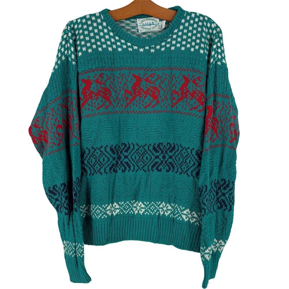 Vintage Lake Harmony Rowing Club Knit Sweater Womens L Made in USA Fair Isle